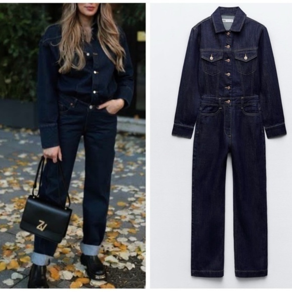 ZARA Z1975 Full length jumpsuit with lapel collar and long sleeves.